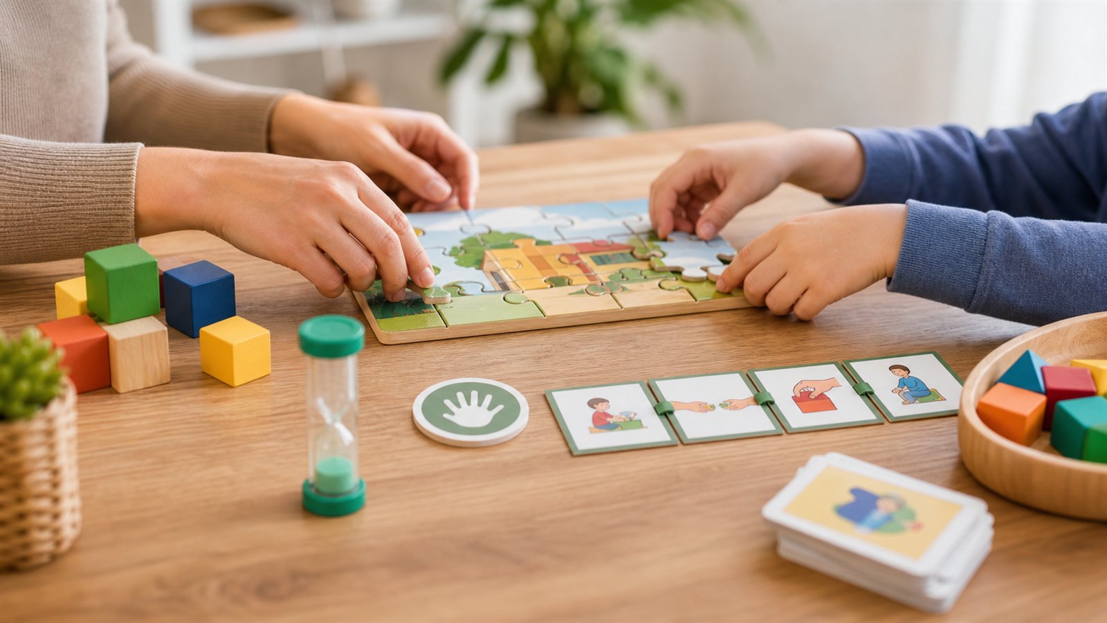 Cocuklarda etkinlige katilim icin puzzle, bloklar, kum saati ve gorsel kartlar bulunan yuzsuz masa sahnesi